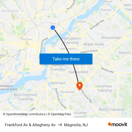Frankford Av & Allegheny Av to Magnolia, NJ map