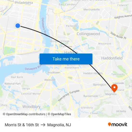 Morris St & 16th St to Magnolia, NJ map