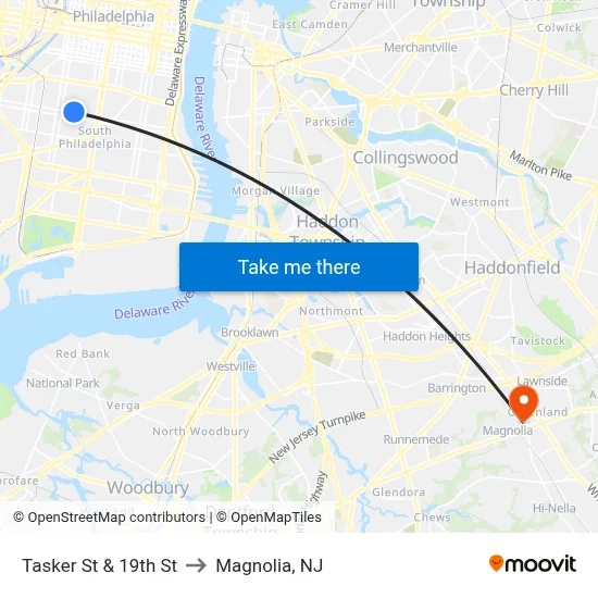 Tasker St & 19th St to Magnolia, NJ map