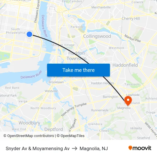 Snyder Av & Moyamensing Av to Magnolia, NJ map