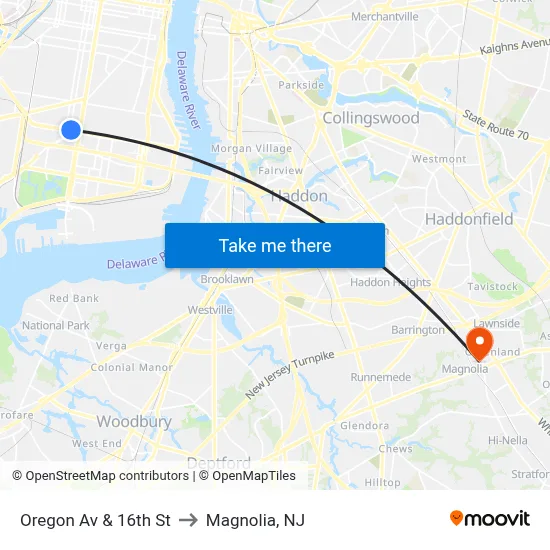 Oregon Av & 16th St to Magnolia, NJ map