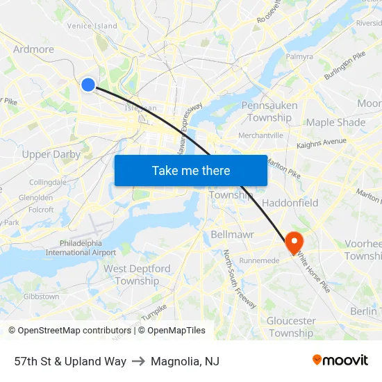 57th St & Upland Way to Magnolia, NJ map