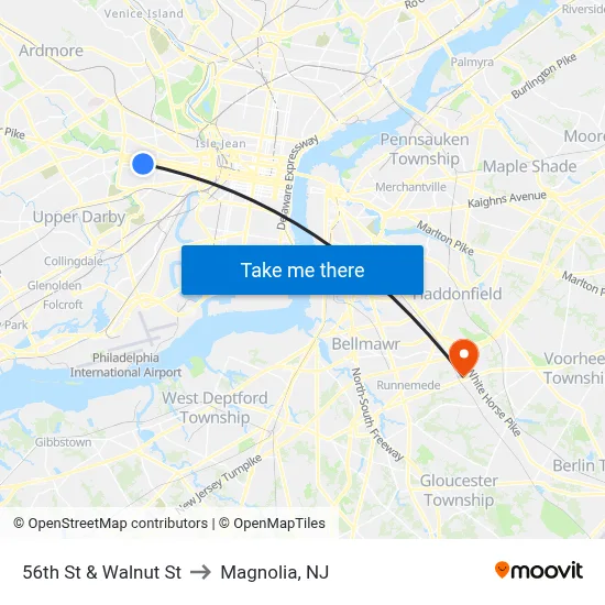 56th St & Walnut St to Magnolia, NJ map