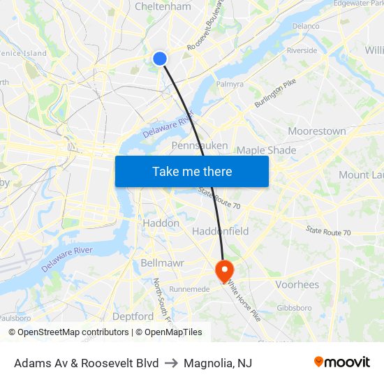 Adams Av & Roosevelt Blvd to Magnolia, NJ map