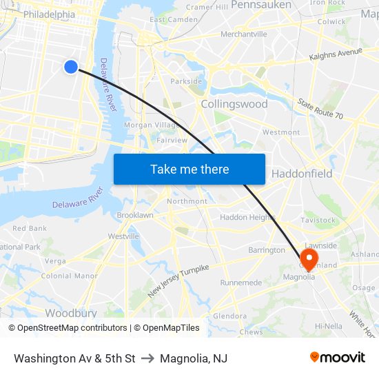 Washington Av & 5th St to Magnolia, NJ map