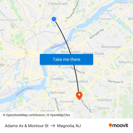 Adams Av & Montour St to Magnolia, NJ map