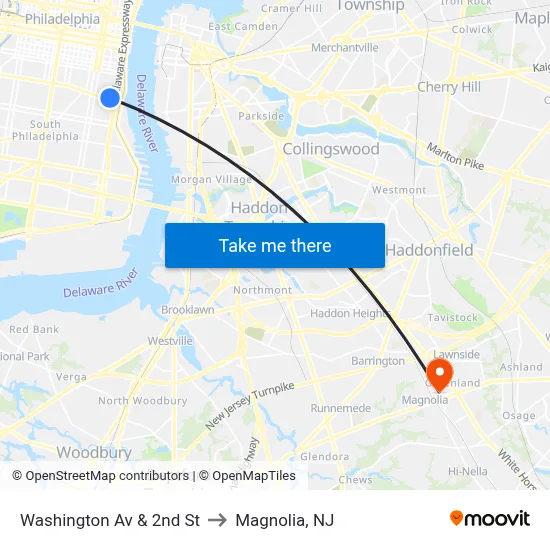 Washington Av & 2nd St to Magnolia, NJ map