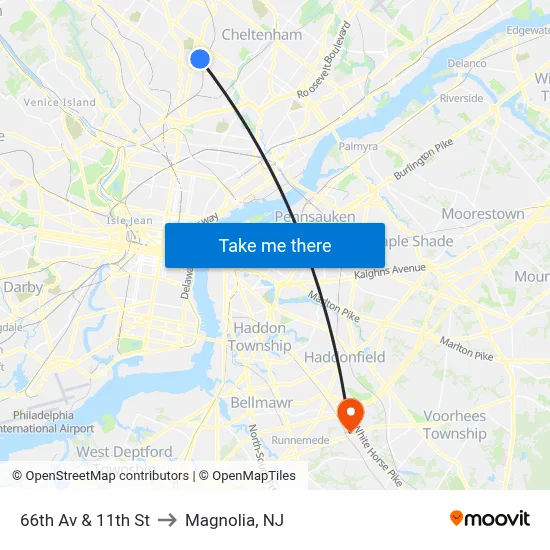 66th Av & 11th St to Magnolia, NJ map