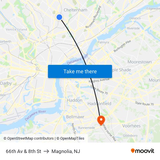 66th Av & 8th St to Magnolia, NJ map