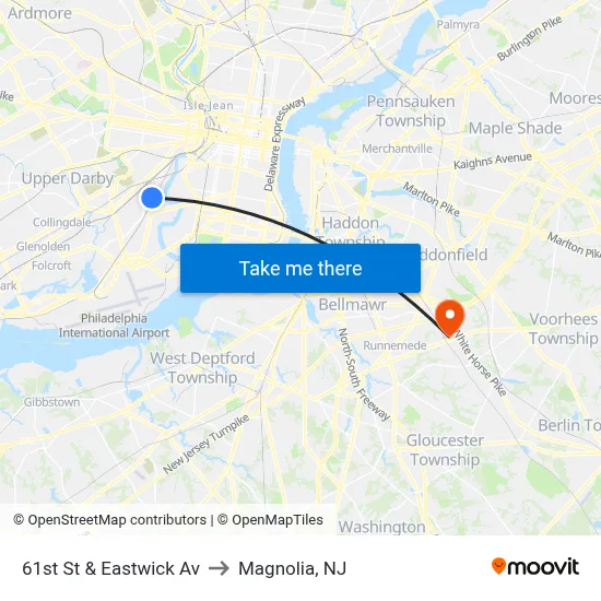 61st St & Eastwick Av to Magnolia, NJ map