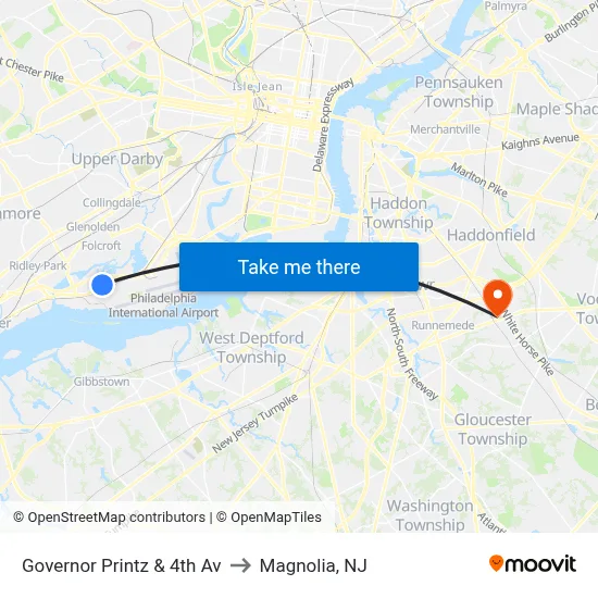Governor Printz & 4th Av to Magnolia, NJ map