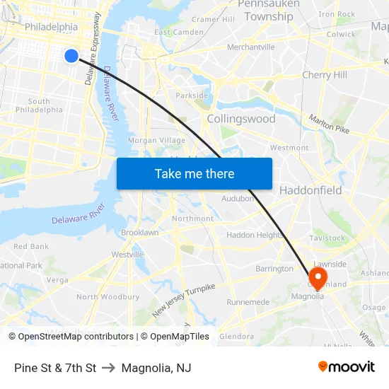 Pine St & 7th St to Magnolia, NJ map