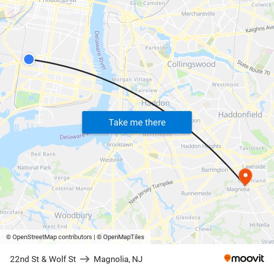 22nd St & Wolf St to Magnolia, NJ map