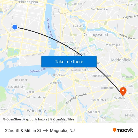 22nd St & Mifflin St to Magnolia, NJ map