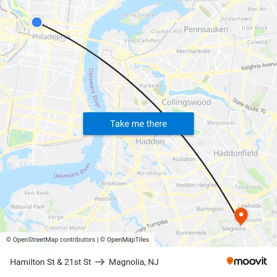 Hamilton St & 21st St to Magnolia, NJ map