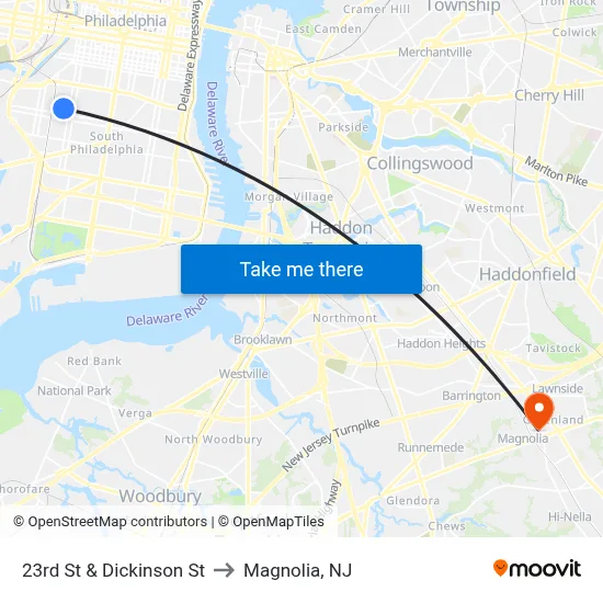 23rd St & Dickinson St to Magnolia, NJ map