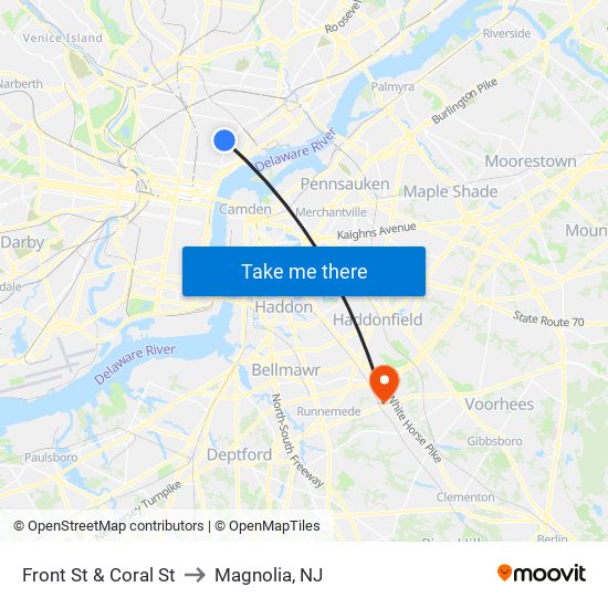 Front St & Coral St to Magnolia, NJ map