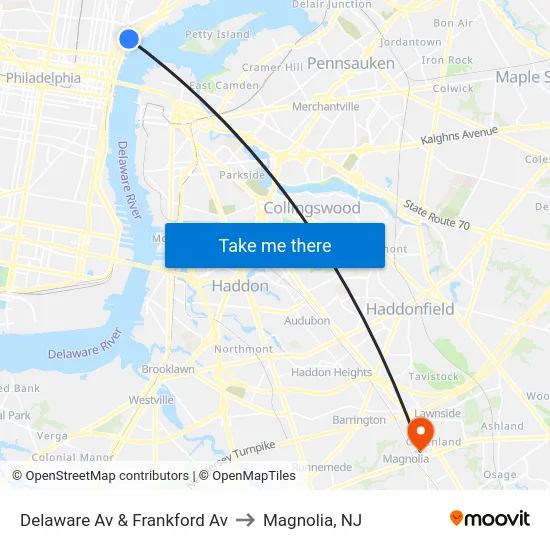Delaware Av & Frankford Av to Magnolia, NJ map