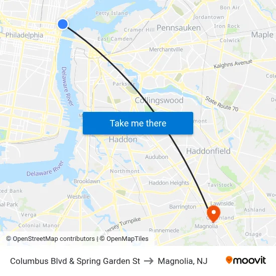 Columbus Blvd & Spring Garden St to Magnolia, NJ map