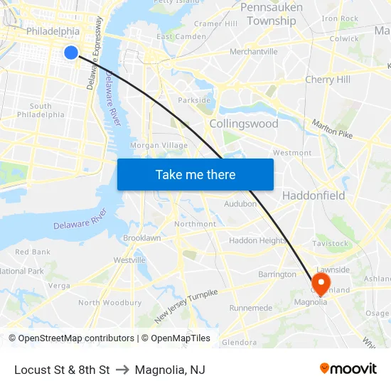 Locust St & 8th St to Magnolia, NJ map