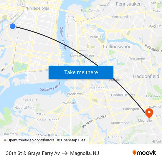 30th St & Grays Ferry Av to Magnolia, NJ map