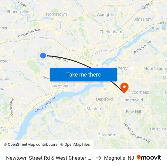 Newtown Street Rd & West Chester Pk to Magnolia, NJ map