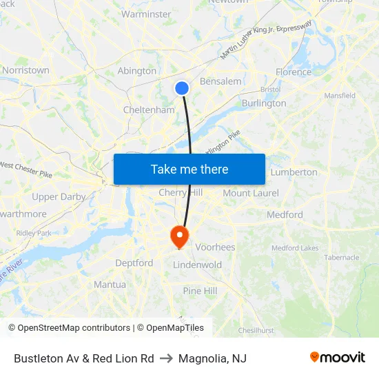 Bustleton Av & Red Lion Rd to Magnolia, NJ map