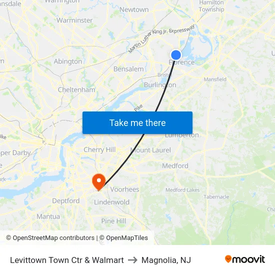 Levittown Town Ctr & Walmart to Magnolia, NJ map