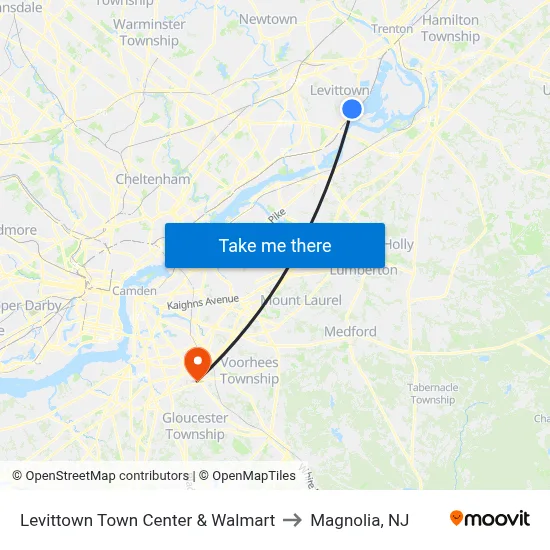 Levittown Town Center & Walmart to Magnolia, NJ map