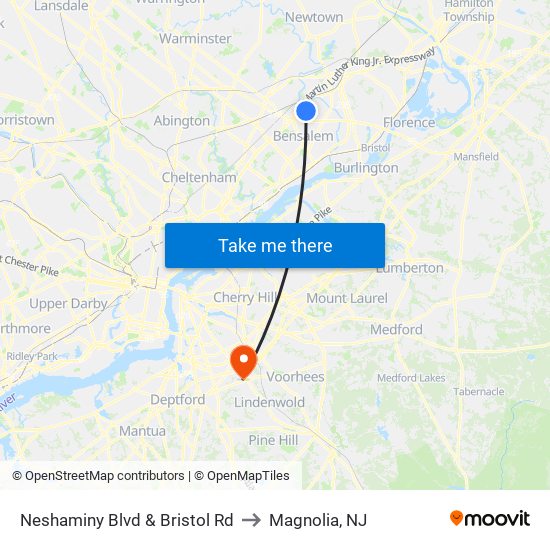 Neshaminy Blvd & Bristol Rd to Magnolia, NJ map