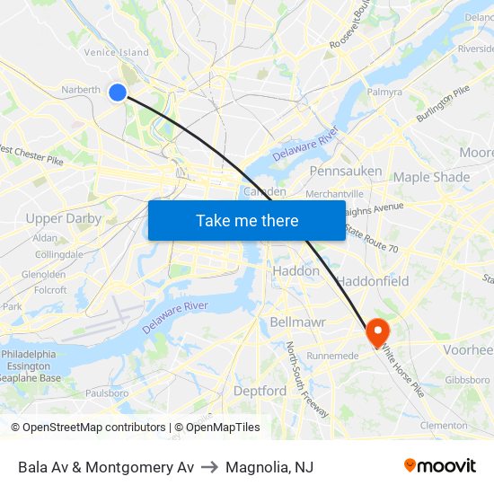 Bala Av & Montgomery Av to Magnolia, NJ map