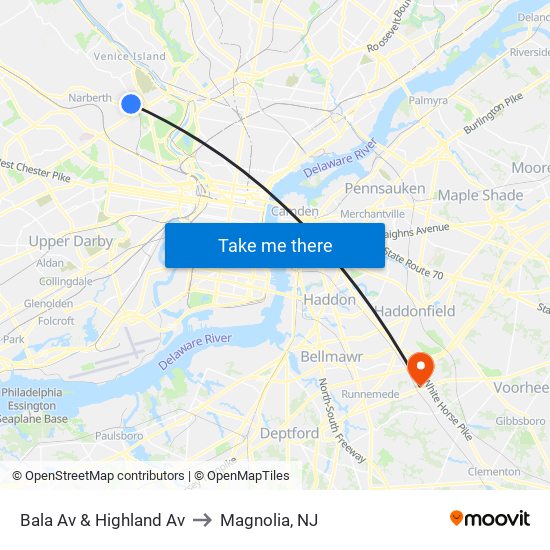 Bala Av & Highland Av to Magnolia, NJ map