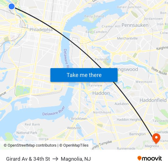Girard Av & 34th St to Magnolia, NJ map