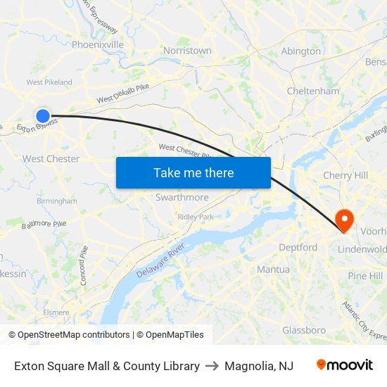Exton Square Mall & County Library to Magnolia, NJ map