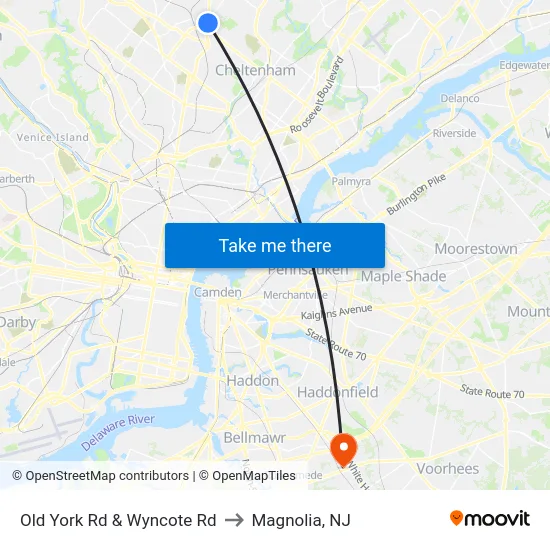 Old York Rd & Wyncote Rd to Magnolia, NJ map