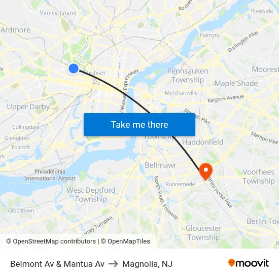 Belmont Av & Mantua Av to Magnolia, NJ map