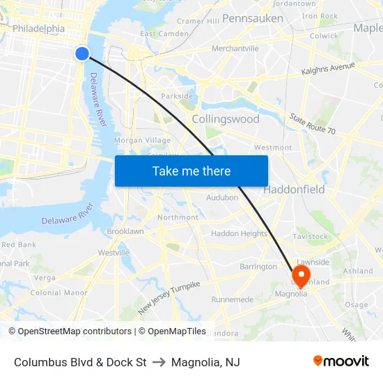 Columbus Blvd & Dock St to Magnolia, NJ map