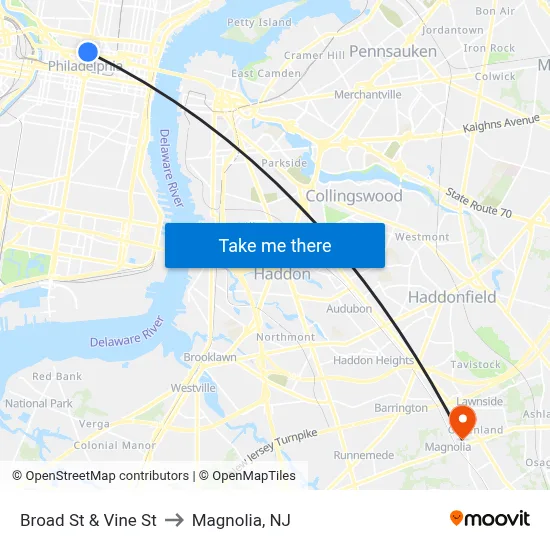 Broad St & Vine St to Magnolia, NJ map