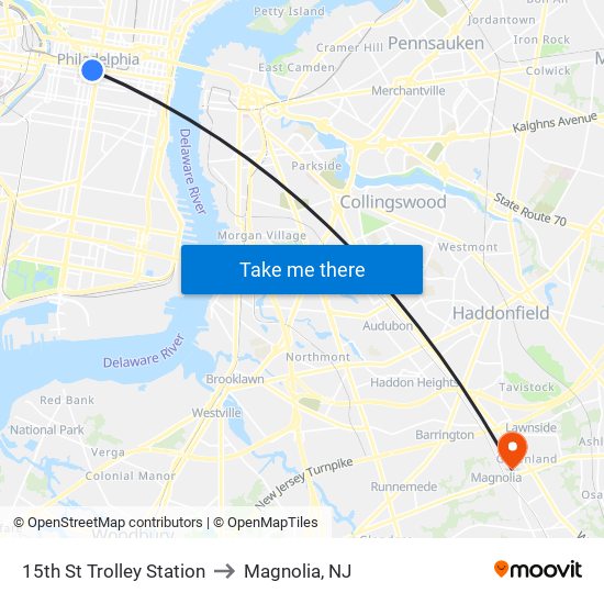 15th St Trolley Station to Magnolia, NJ map