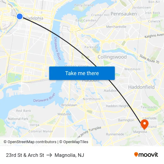 23rd St & Arch St to Magnolia, NJ map