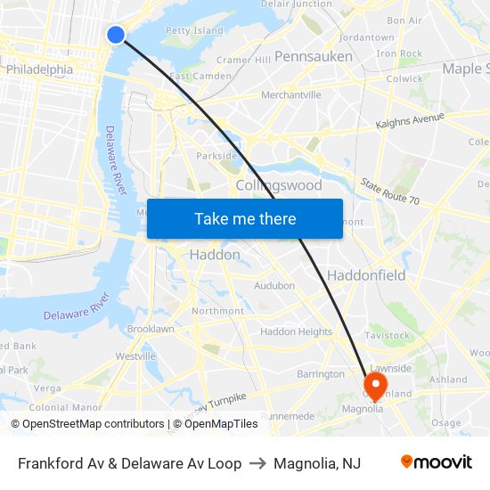 Frankford Av & Delaware Av Loop to Magnolia, NJ map