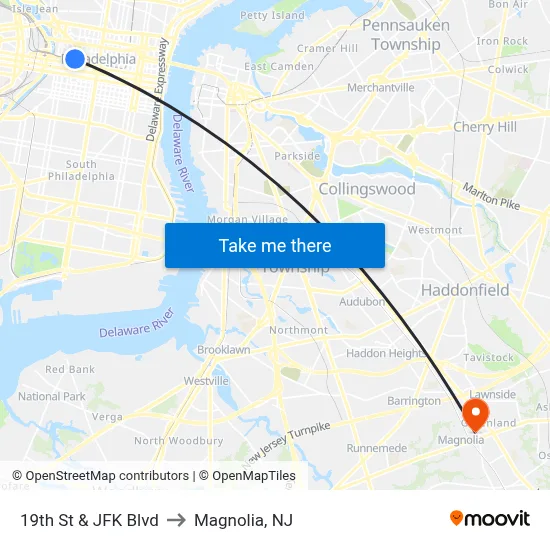 19th St & JFK Blvd to Magnolia, NJ map