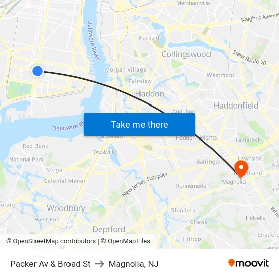 Packer Av & Broad St to Magnolia, NJ map