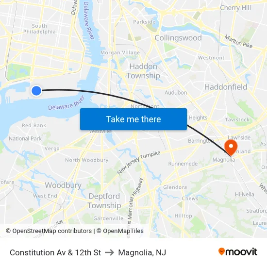 Constitution Av & 12th St to Magnolia, NJ map