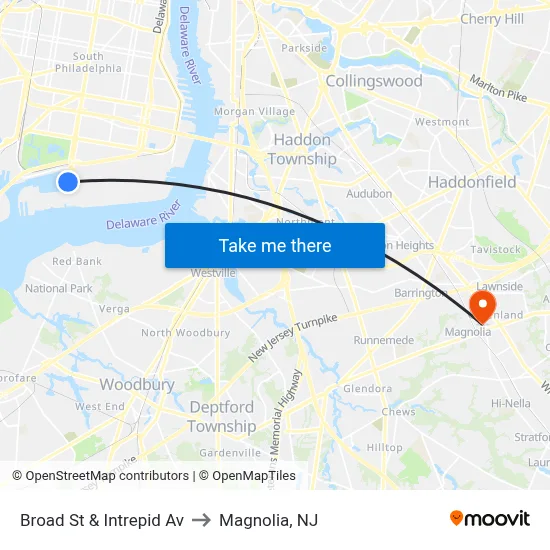 Broad St & Intrepid Av to Magnolia, NJ map