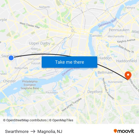 Swarthmore to Magnolia, NJ map