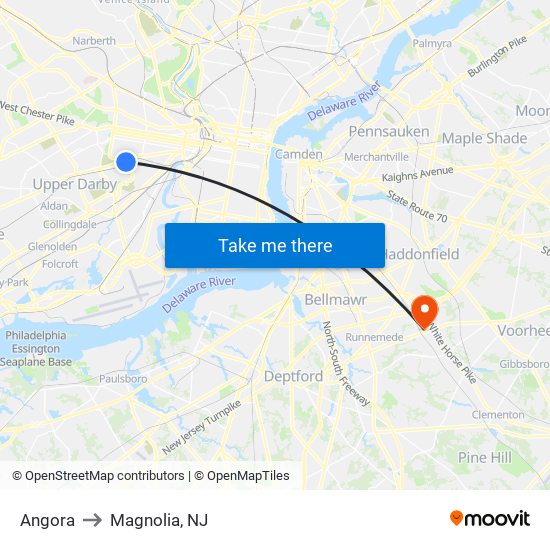 Angora to Magnolia, NJ map