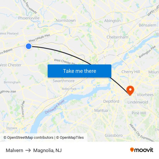 Malvern to Magnolia, NJ map
