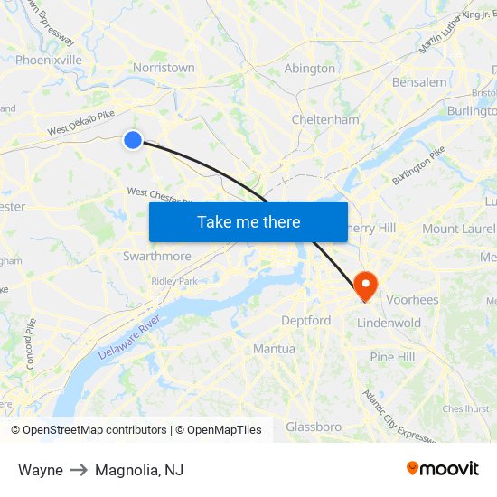 Wayne to Magnolia, NJ map
