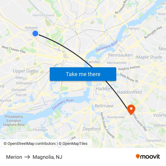 Merion to Magnolia, NJ map